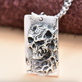 Men's Sterling Silver Flame Skull Tag Necklace