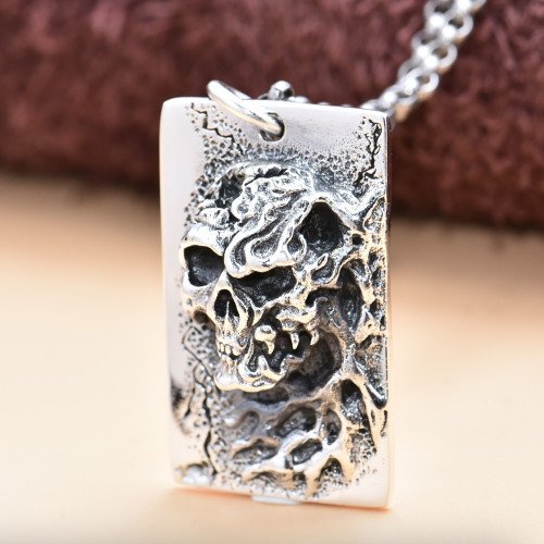 Men's Sterling Silver Flame Skull Tag Necklace with Sterling Silver Rolo Chain 18”-30"