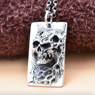 Men's Sterling Silver Flame Skull Tag Necklace with Sterling Silver Rolo Chain 18”-30"