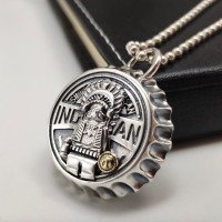Sterling Silver Indian Chief Bottle Cap Necklace with Sterling Silver Bead Chain 18”-30”