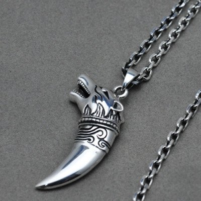 Men's Sterling Silver Wolf Head Pendant Necklace with Sterling Silver Anchor Link Chain 18"-28"