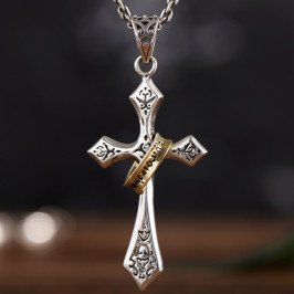 Men's Sterling Silver Lord's Prayer Cross Halo Pendant Necklace with Sterling Silver Anchor Link Chain 18"-24"