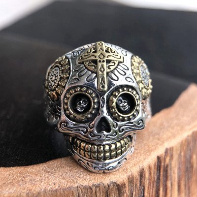 Men's Sterling Silver Cross Skull Ring