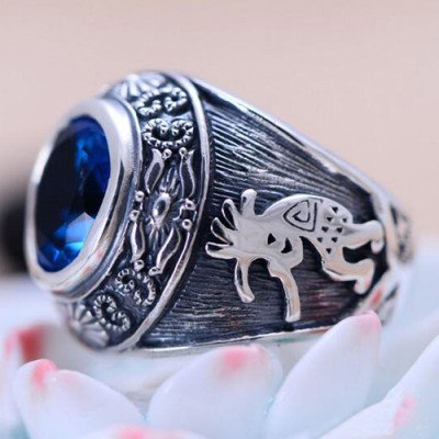 Men's Sterling Silver Blue Crystal Ring