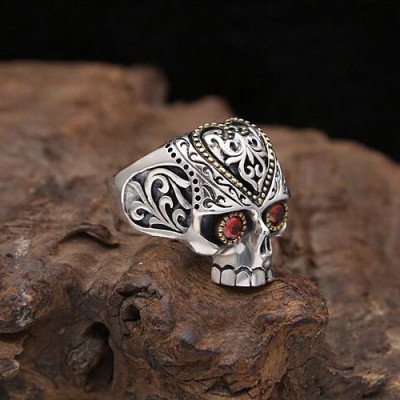 Men's Sterling Silver CZ Eyes Skull Ring