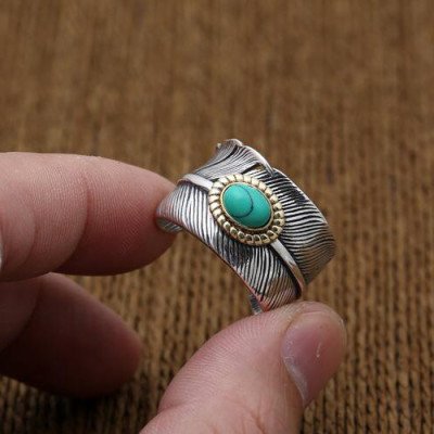Men's Sterling Silver Turquoise Feather Wide Ring