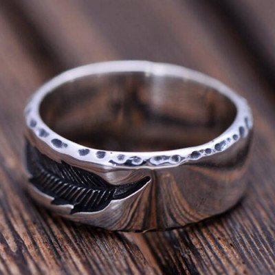 Men's Sterling Silver Engraved Feather Band Ring