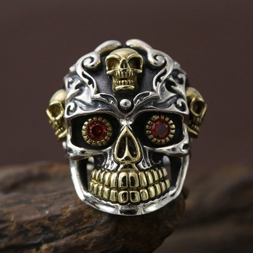 Men's Sterling Silver Red Eyes Skull Ring