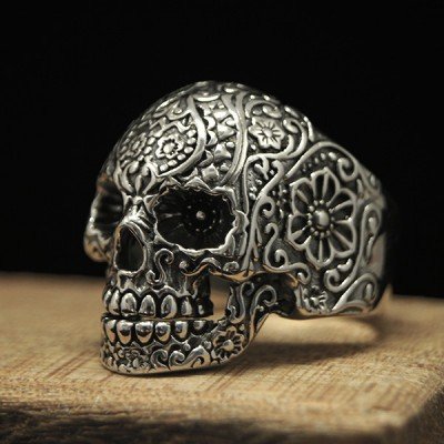Men's Sterling Silver Flower Pattern Skull Ring