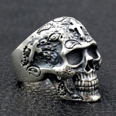Men's Sterling Silver Crosses Carved Skull Ring