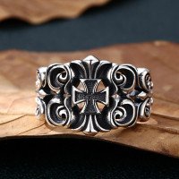 Men's Sterling Silver Ivy Pattern Iron Cross Ring