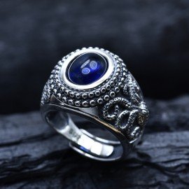 Men's Sterling Silver Octopus Blue Crystal Ring