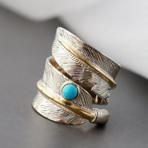 Gold Plated Sterling Silver Turquoise Feather Ring